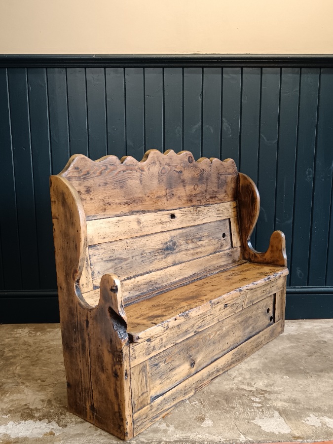 Slim Antique Country Pine Elm Settle Hall Bench (2).jpg